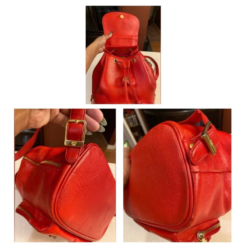MCM Red Leather Backpack, EUC